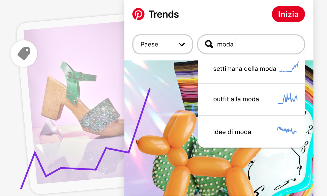 Schermata dell'interfaccia di Pinterest Trends su dispositivo mobile, con barra di ricerca per la parola "moda" e tendenze correlate, sovrapposta a un Pin immagine di una scarpa con plateau. Una linea irregolare di un grafico mostra l'interesse nel tempo.