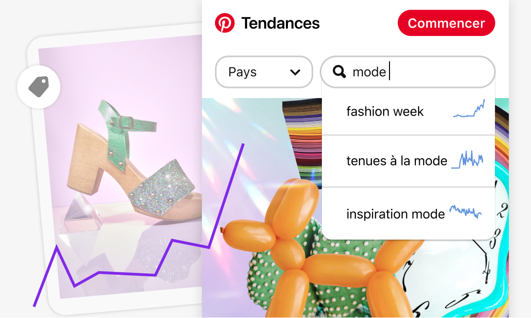 Écran mobile pour l’interface Pinterest Trends avec une barre de recherche pour « fashion » et les options de tendances associées, superposée à une image d’Épingles d’une chaussure à plateforme. Une courbe fluctuante indique l’intérêt au fil du temps.