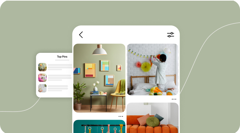 A feed of inspiring Pins beside a list of top Pins