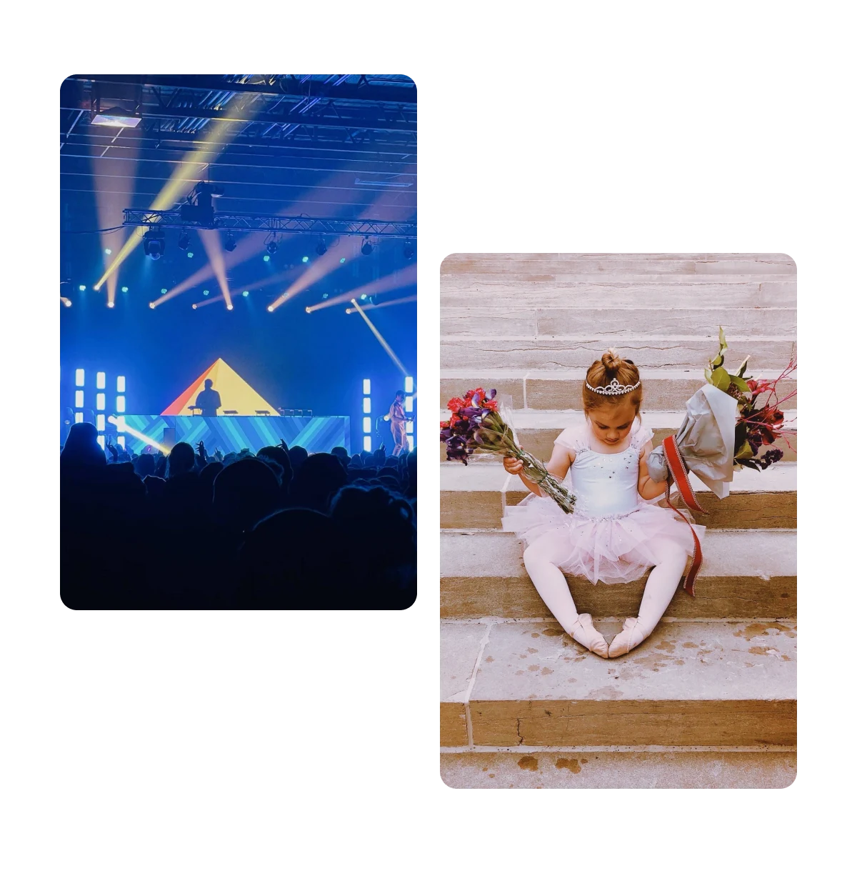 Two pins, crowd listening to dj on stage, young ballerina with flowers