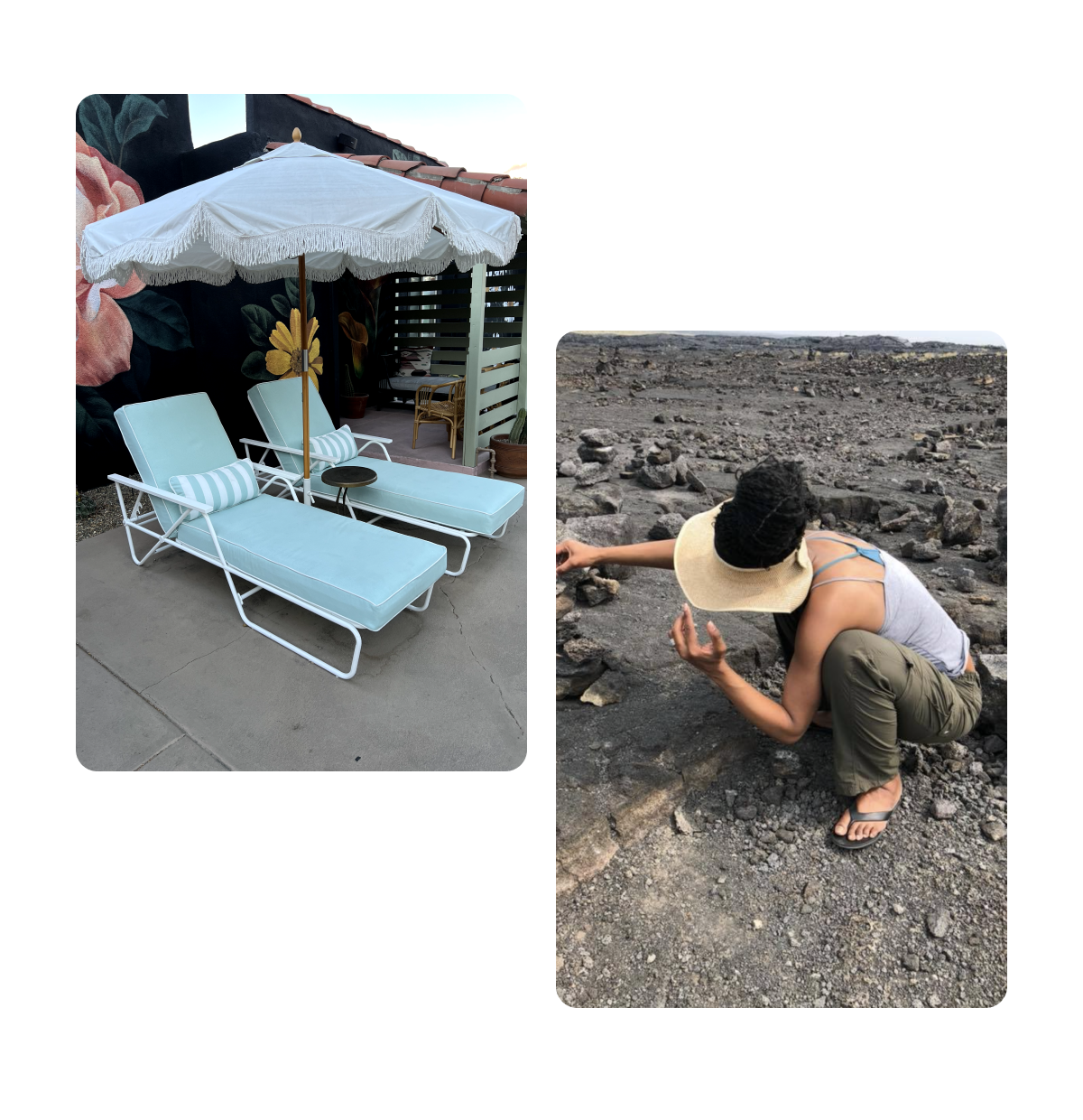 Dois Pins, espreguiçadeiras com guarda-sol, mulher em praia de pedras