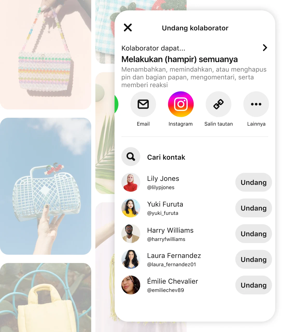 Faded pin grid including various purses with screen of Pinterest app prompt to "Invite collaborators"