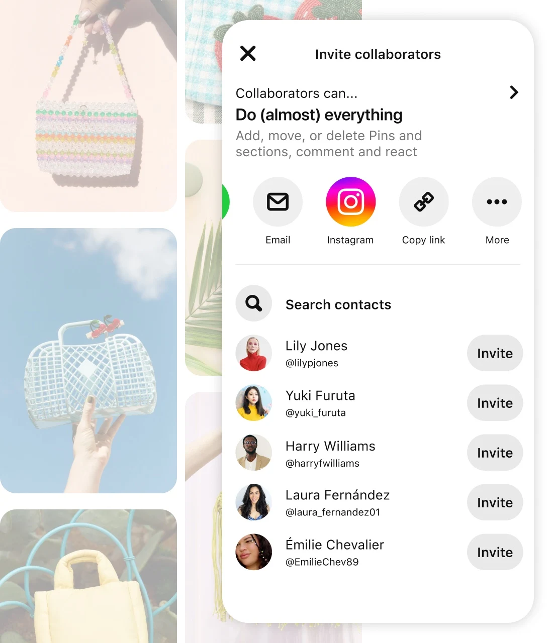 Faded pin grid including various purses with screen of Pinterest app prompt to "Invite collaborators"