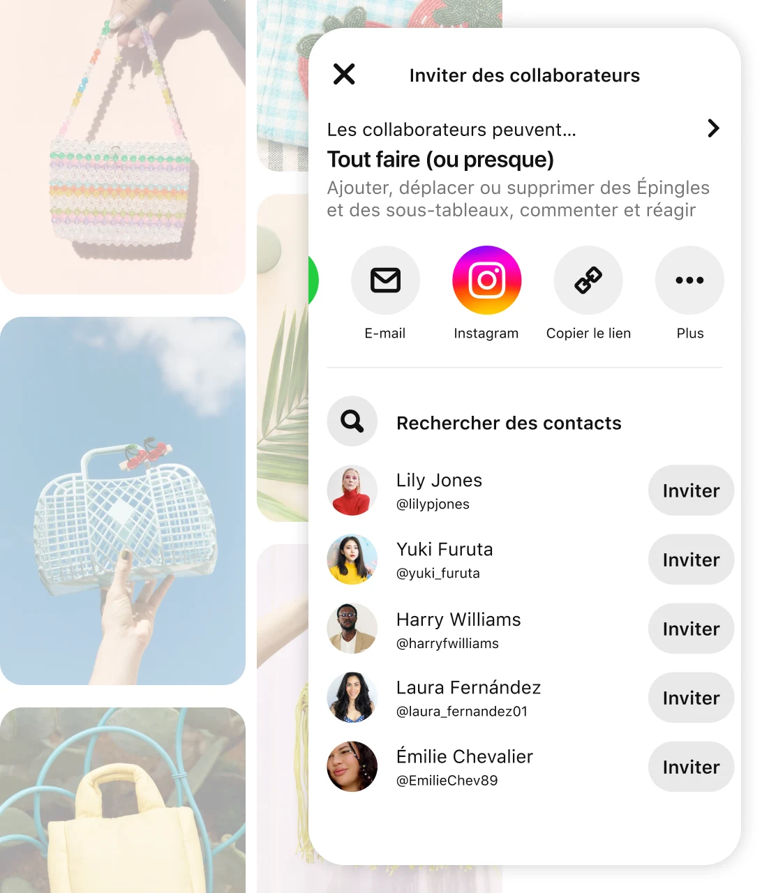 Faded pin grid including various purses with screen of Pinterest app prompt to "Invite collaborators"