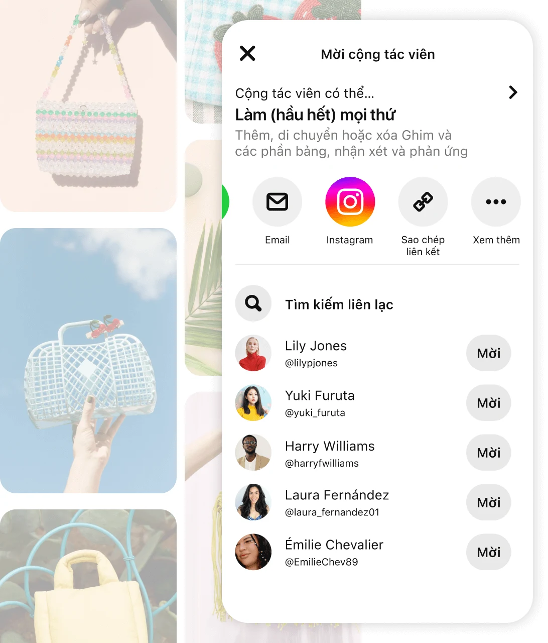 Lưới ghim mờ bao gồm nhiều chiếc ví khác nhau với màn hình ứng dụng Pinterest nhắc "Mời cộng tác viên"