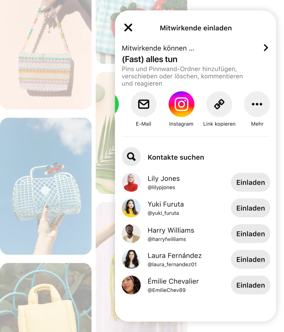 Faded pin grid including various purses with screen of Pinterest app prompt to "Invite collaborators"