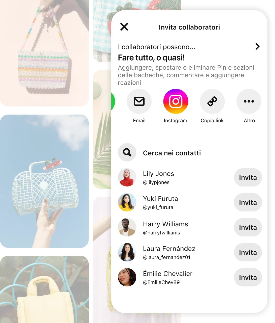 Faded pin grid including various purses with screen of Pinterest app prompt to "Invite collaborators"