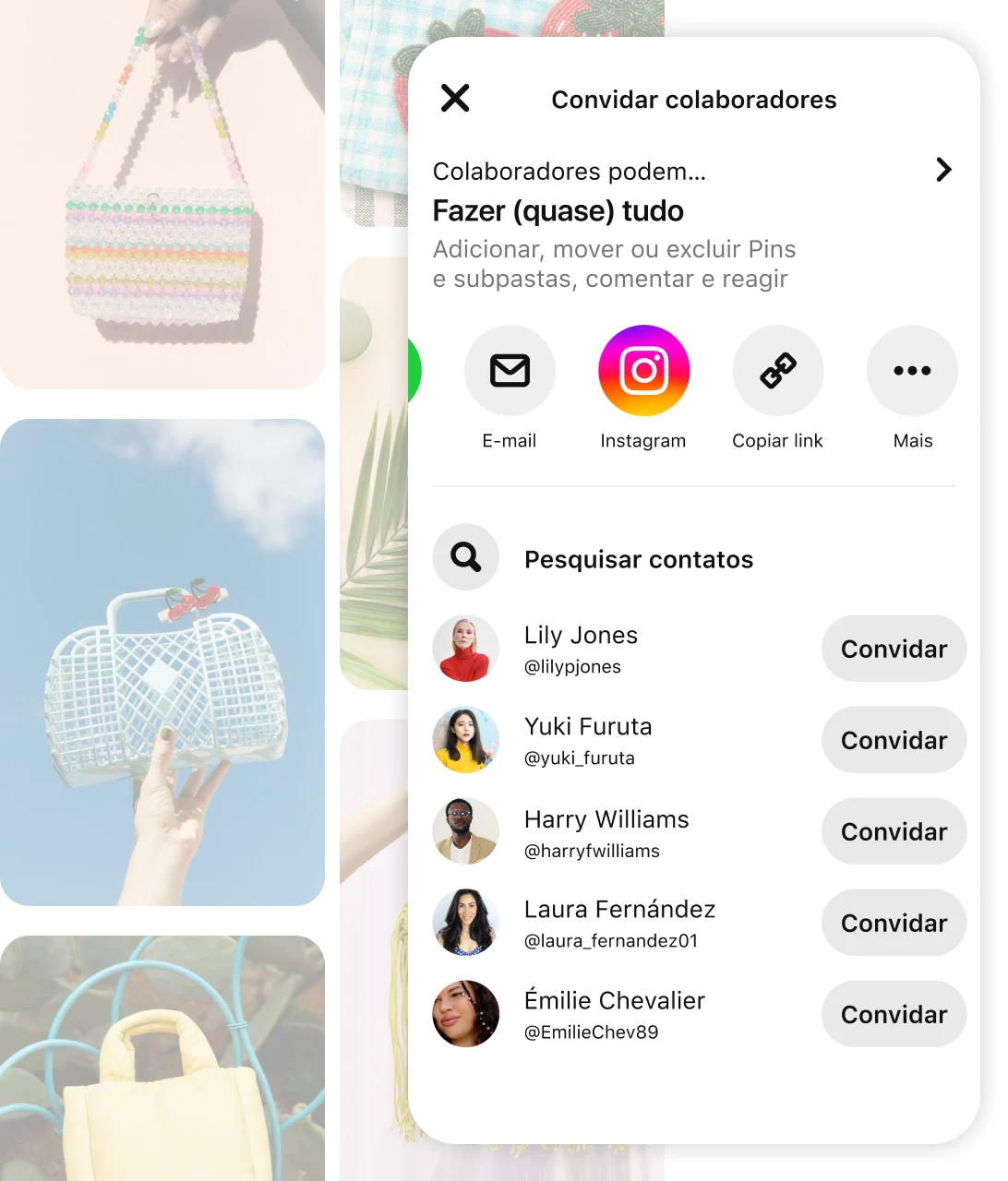 Faded pin grid including various purses with screen of Pinterest app prompt to "Invite collaborators"