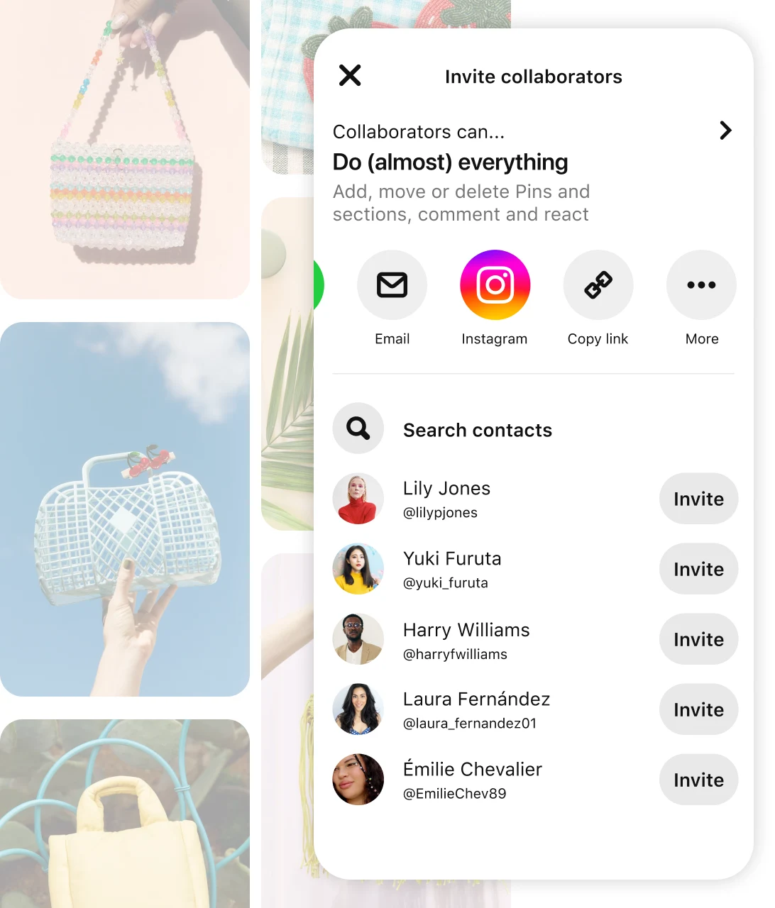 Faded pin grid including various purses with screen of Pinterest app prompt to "Invite collaborators"