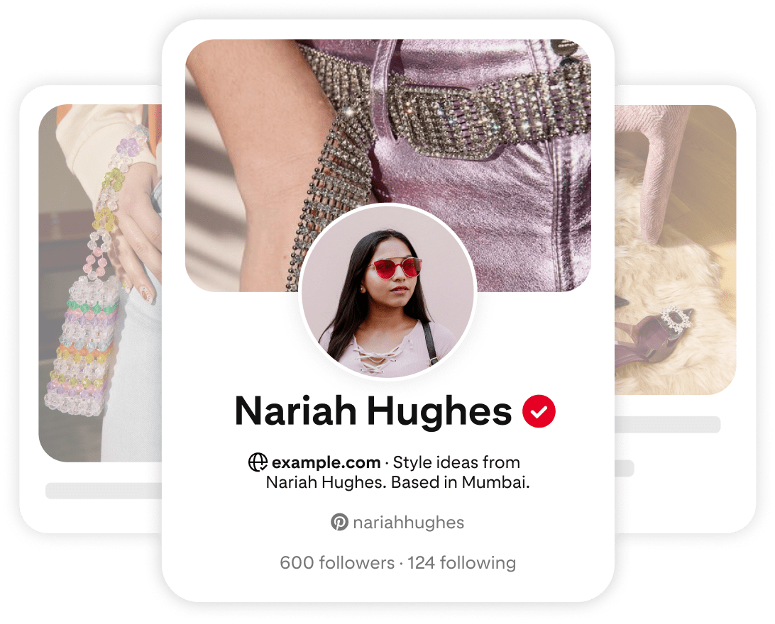 Pinterest profile card for Nariah Hughes, featuring a circular image of her smiling, wearing a stylish outfit with intricate detailing.
