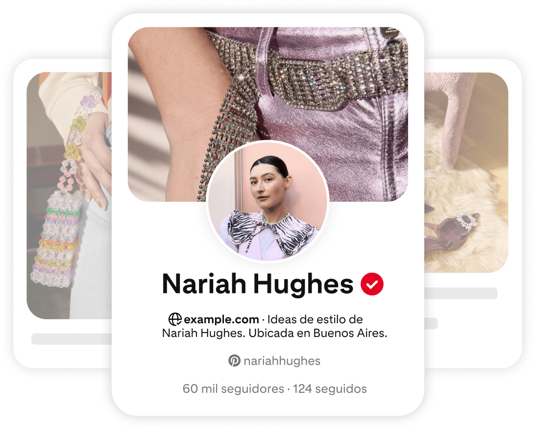 Pinterest profile card for Nariah Hughes, featuring a circular image of her smiling, wearing a stylish outfit with intricate detailing.