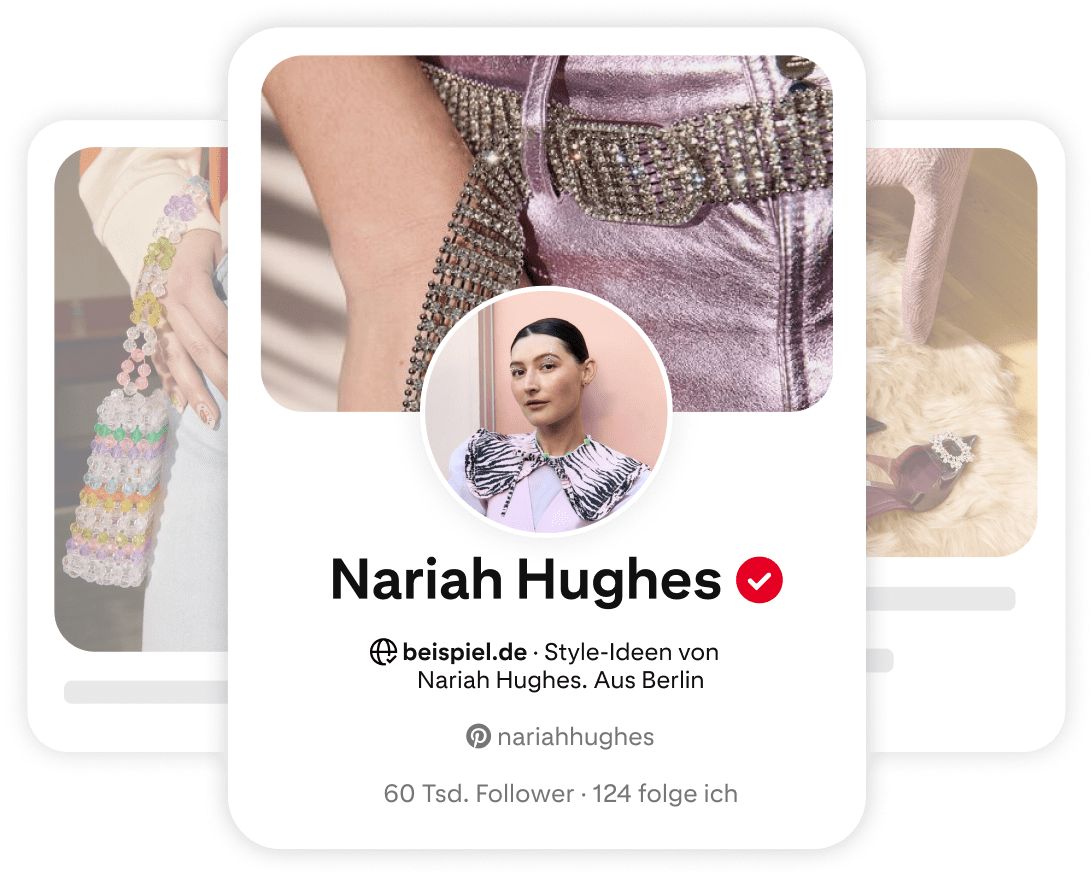 Pinterest profile card for Nariah Hughes, featuring a circular image of her smiling, wearing a stylish outfit with intricate detailing.