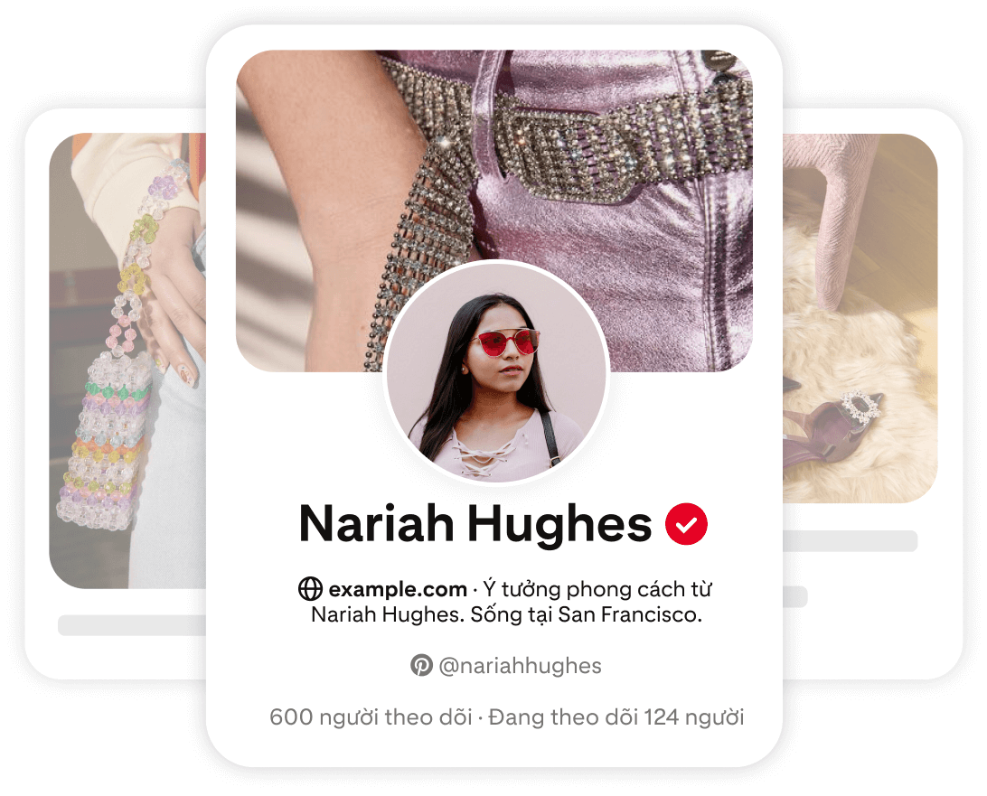 Thẻ hồ sơ Pinterest của Nariah Hughes, hiển thị ảnh hình tròn cô đang mỉm cười, mặc một bộ trang phục phong cách với các chi tiết phức tạp.