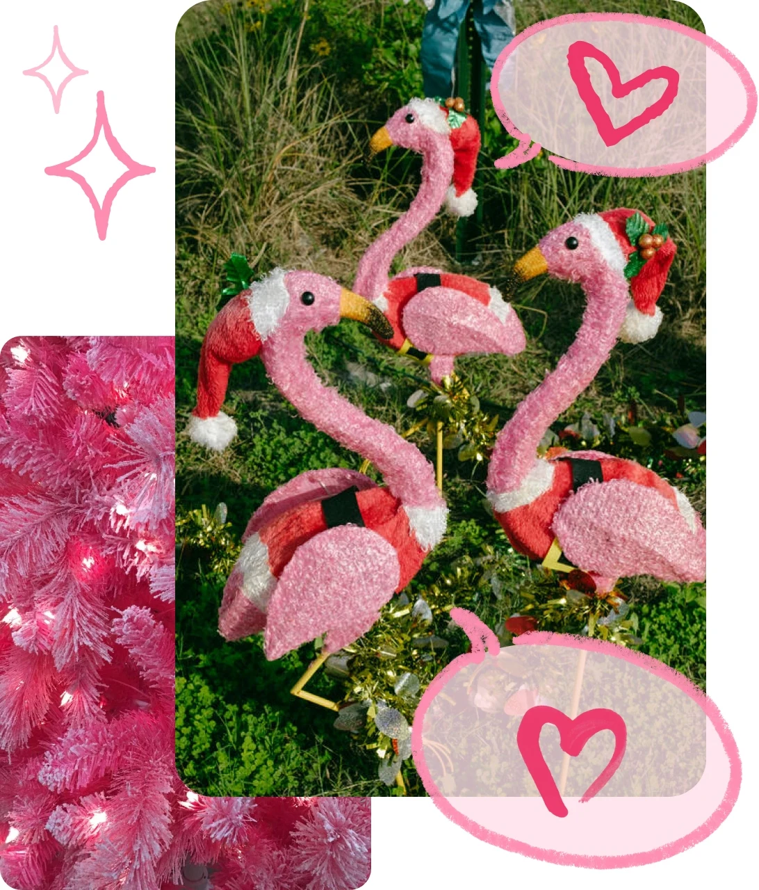 Pin collage of decorative pink flamigo lawn ornaments wearing santa hats, with speech bubble illstrations