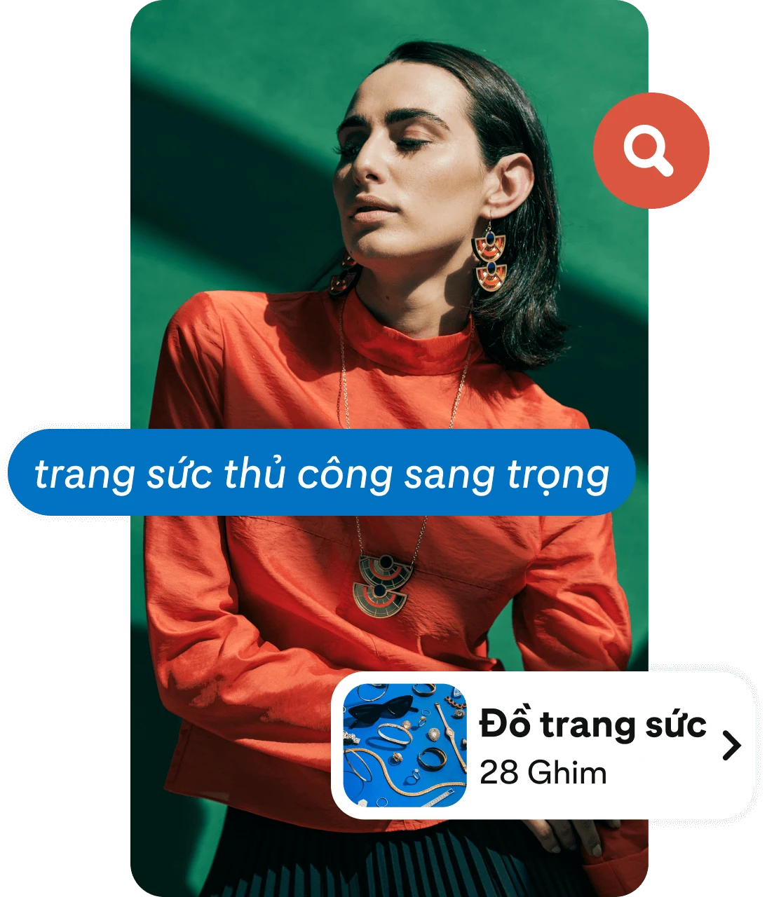Ảnh ghép người phụ nữ mặc áo cánh màu cam, thẻ nút nội dung màu xanh dương, liên kết bảng trang sức và biểu tượng dấu chấm hỏi
