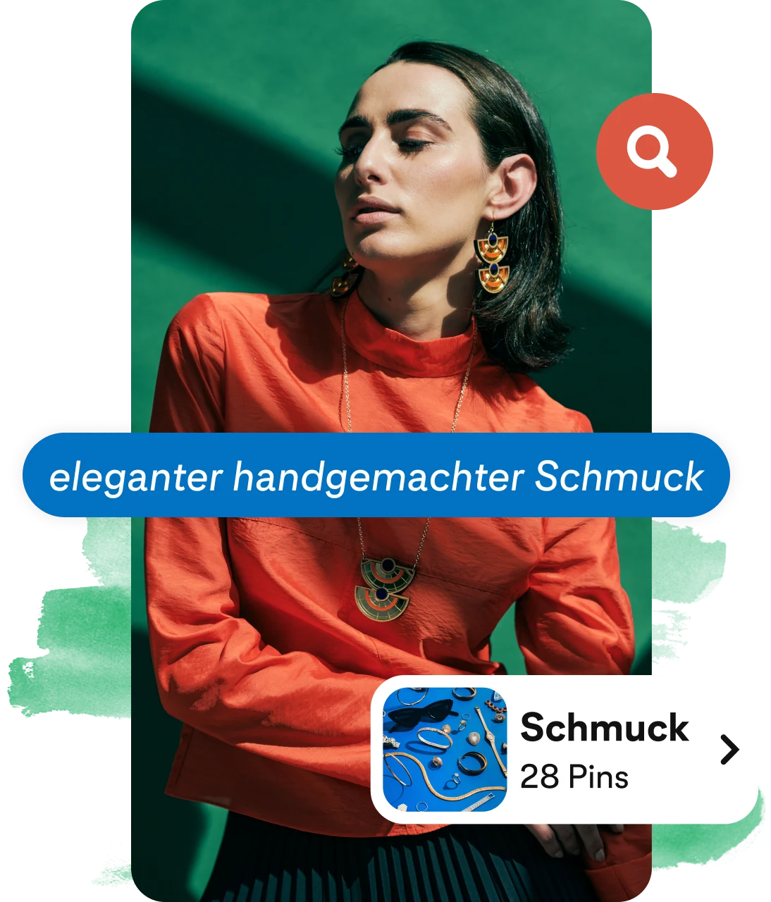 Collage mit Frau in oranger Bluse, blauem Content-Button-Tag, Schmuck-Pinnwand-Link und Fragezeichen-Symbol