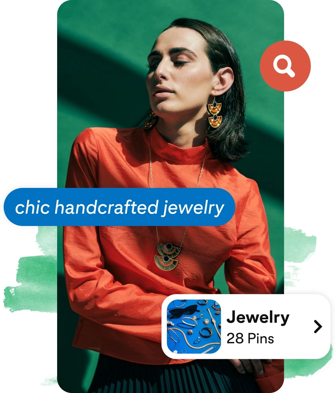 Collage woman wearing orange blouse, blue content button tag,  jewelry board link, and question mark icon