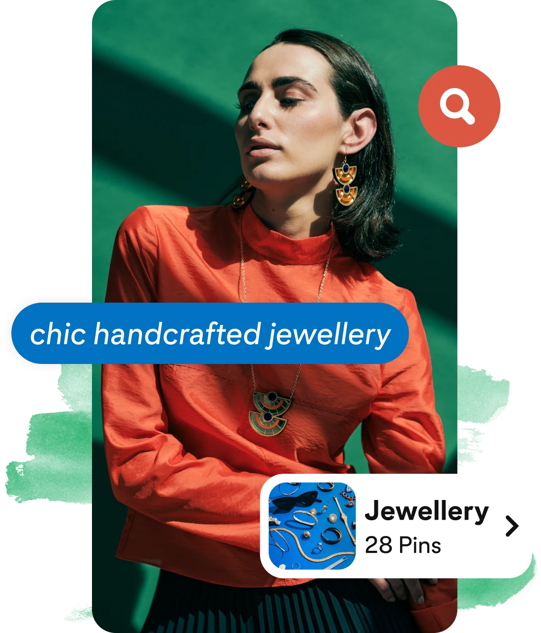 Collage of a woman wearing an orange blouse, a blue content button tag, a jewellery board link and a question mark icon