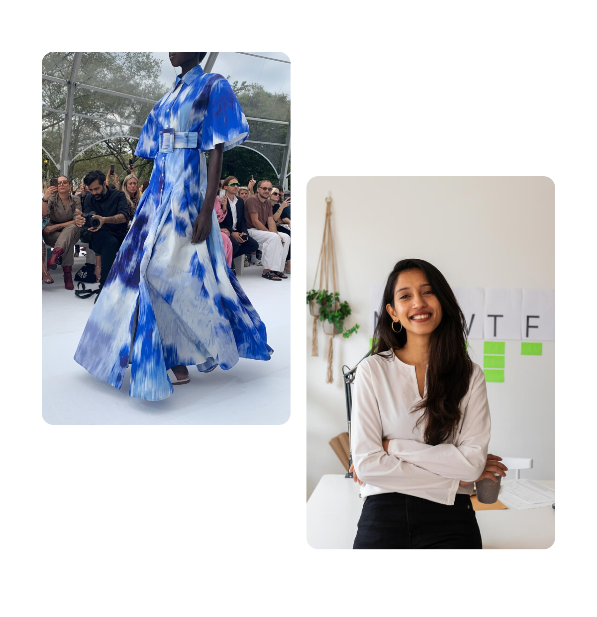 2 pins, black model walking runway, happy woman leaning on desk