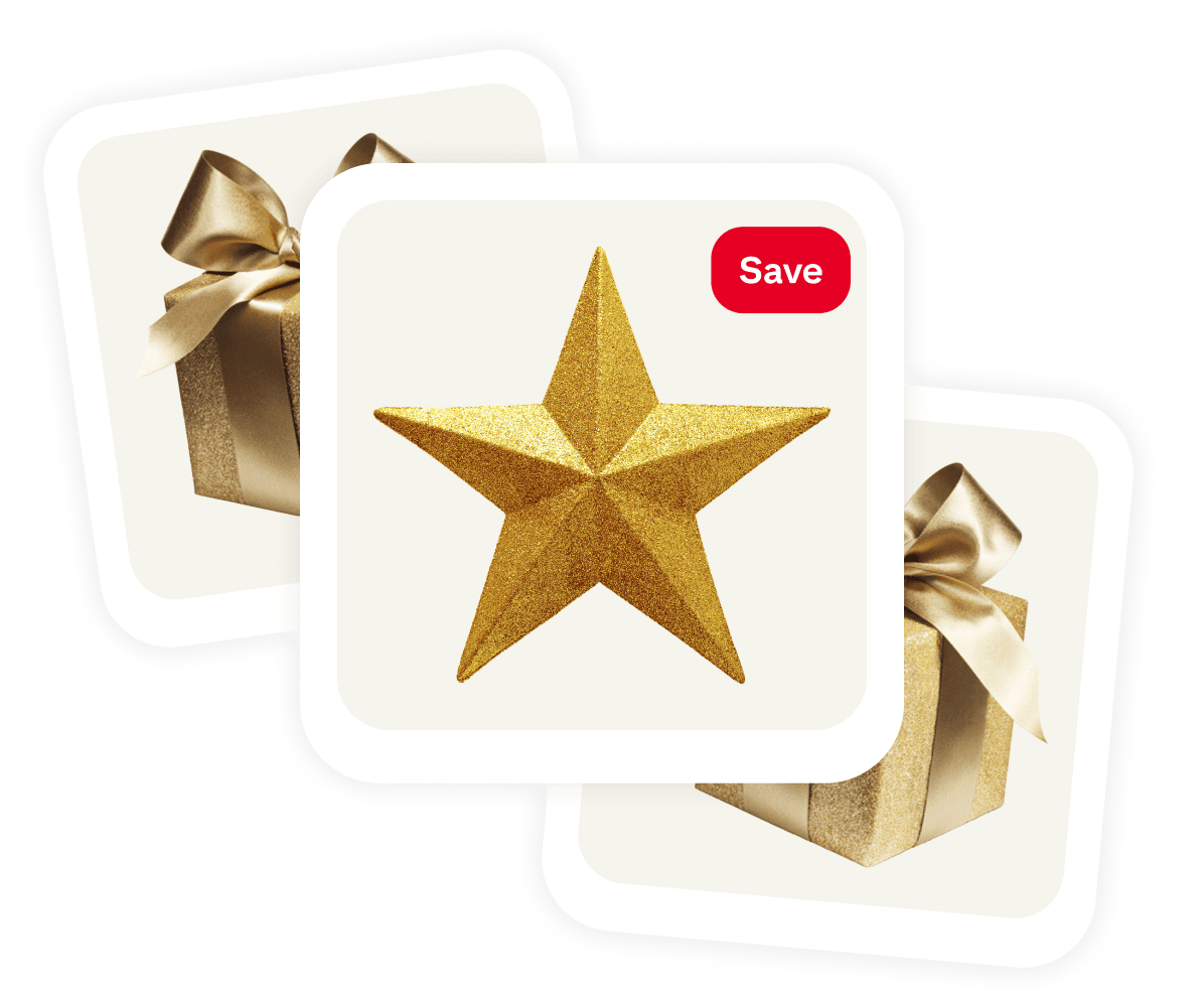 Cluster of 3 pins, gold star in center with two wrapped gifts in gold with shiny bows on each side.