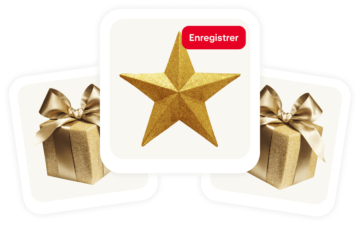 Cluster of 3 pins, gold star in center with two wrapped gifts in gold with shiny bows on each side.