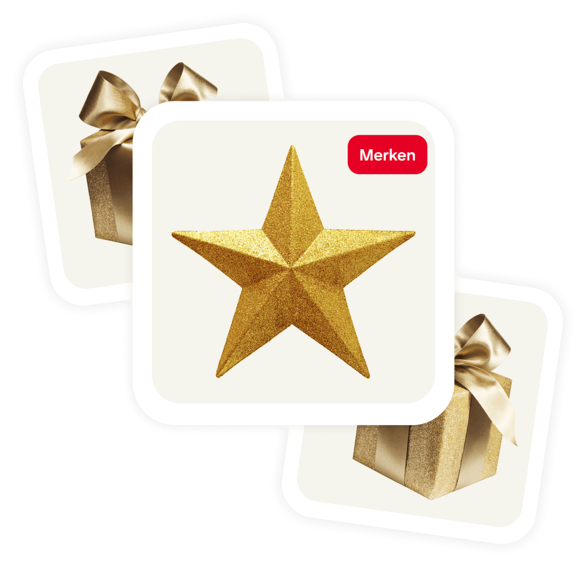 Cluster of 3 pins, gold star in center with two wrapped gifts in gold with shiny bows on each side.