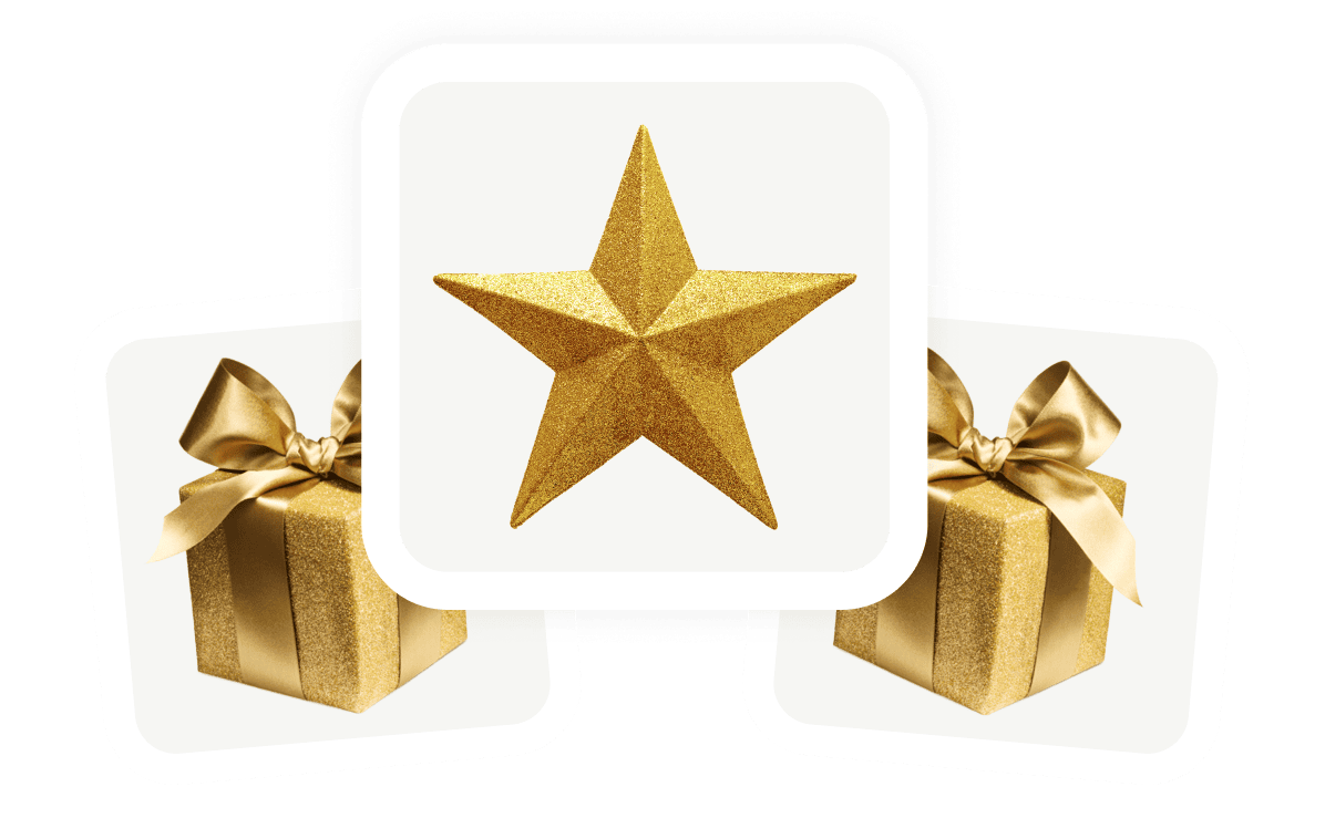 Cluster of 3 pins, gold star in center with two wrapped gifts in gold with shiny bows on each side.
