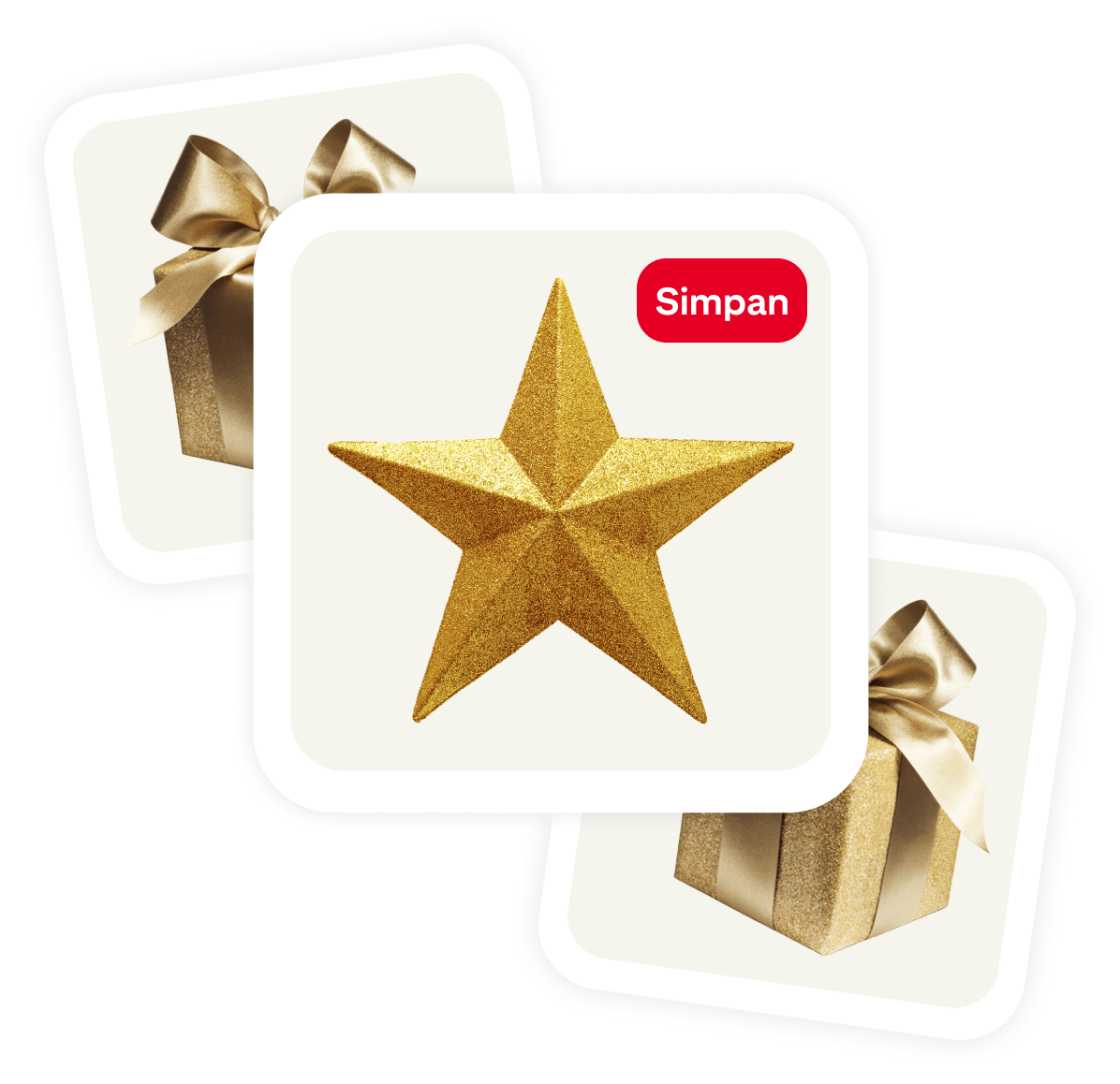 Cluster of 3 pins, gold star in center with two wrapped gifts in gold with shiny bows on each side.