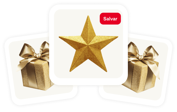 Cluster of 3 pins, gold star in center with two wrapped gifts in gold with shiny bows on each side.