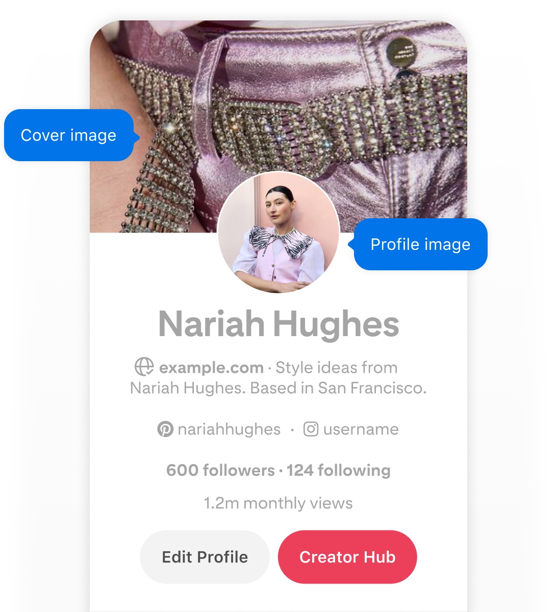 Mobile screenshot of Nariah Hughes' Pinterest profile, featuring two blue pop-up buttons labeled 'Cover image'  and 'Profile image' pointing to her cover image and profile image.
