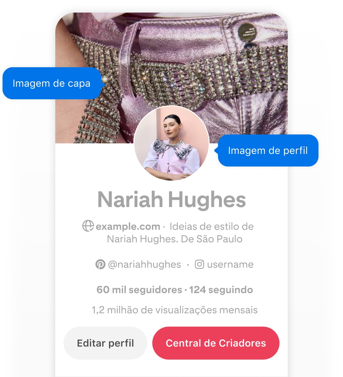 Mobile screenshot of Nariah Hughes' Pinterest profile, featuring two blue pop-up buttons labeled 'Cover image'  and 'Profile image' pointing to her cover image and profile image.