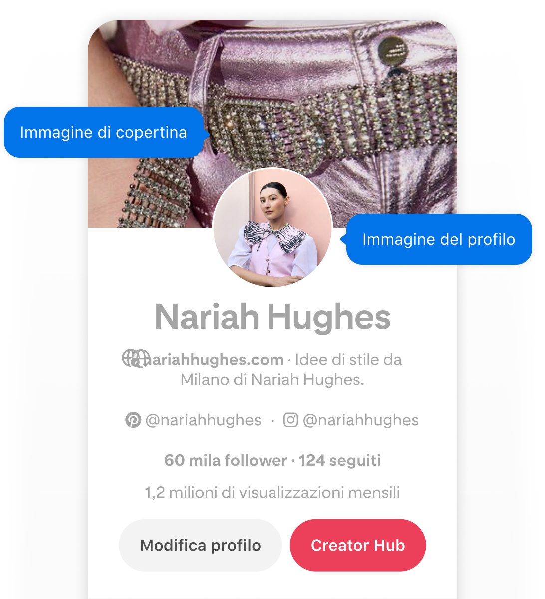 Mobile screenshot of Nariah Hughes' Pinterest profile, featuring two blue pop-up buttons labeled 'Cover image'  and 'Profile image' pointing to her cover image and profile image.