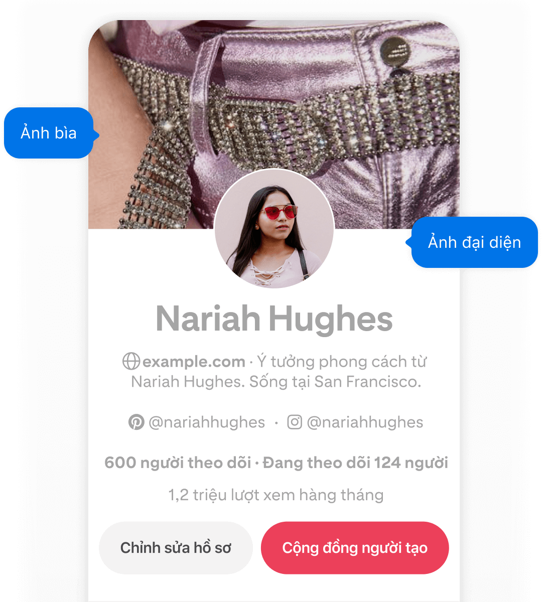 Ảnh chụp màn hình hồ sơ Pinterest của Nariah Hughes trên thiết bị di động, hiển thị 2 nút bật lên màu xanh lam có nhãn "Ảnh bìa" và "Ảnh đại diện" trỏ đến ảnh bìa và ảnh đại diện của cô.