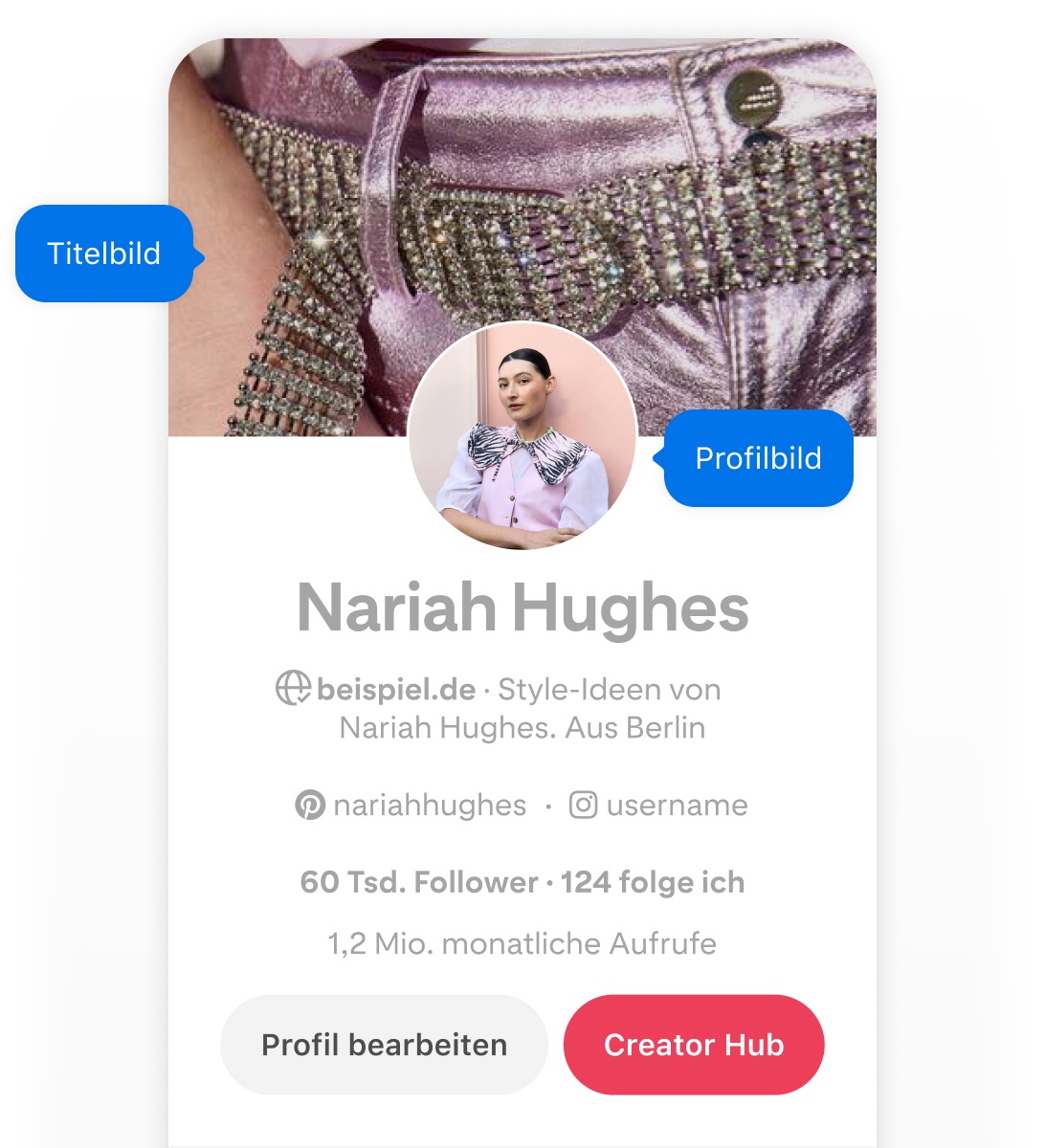 Mobile screenshot of Nariah Hughes' Pinterest profile, featuring two blue pop-up buttons labeled 'Cover image'  and 'Profile image' pointing to her cover image and profile image.