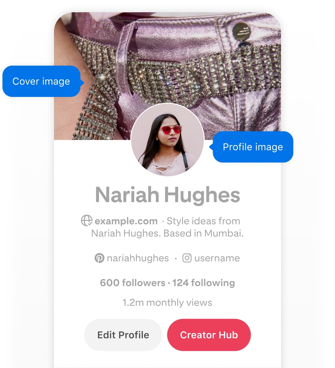 Mobile screenshot of Nariah Hughes' Pinterest profile, featuring two blue pop-up buttons labeled 'Cover image'  and 'Profile image' pointing to her cover image and profile image.