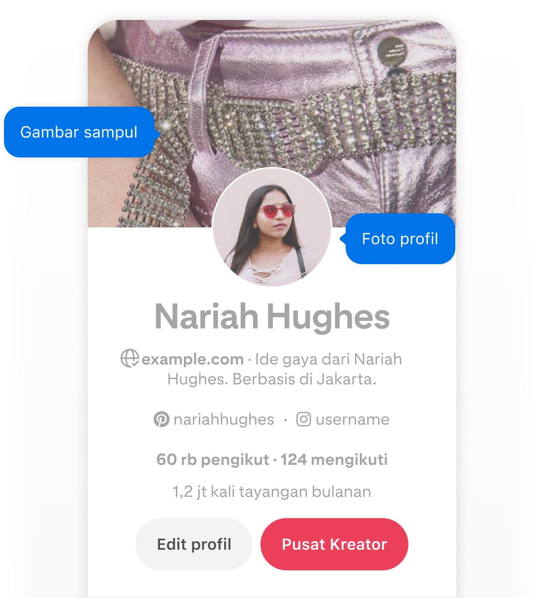 Mobile screenshot of Nariah Hughes' Pinterest profile, featuring two blue pop-up buttons labeled 'Cover image'  and 'Profile image' pointing to her cover image and profile image.