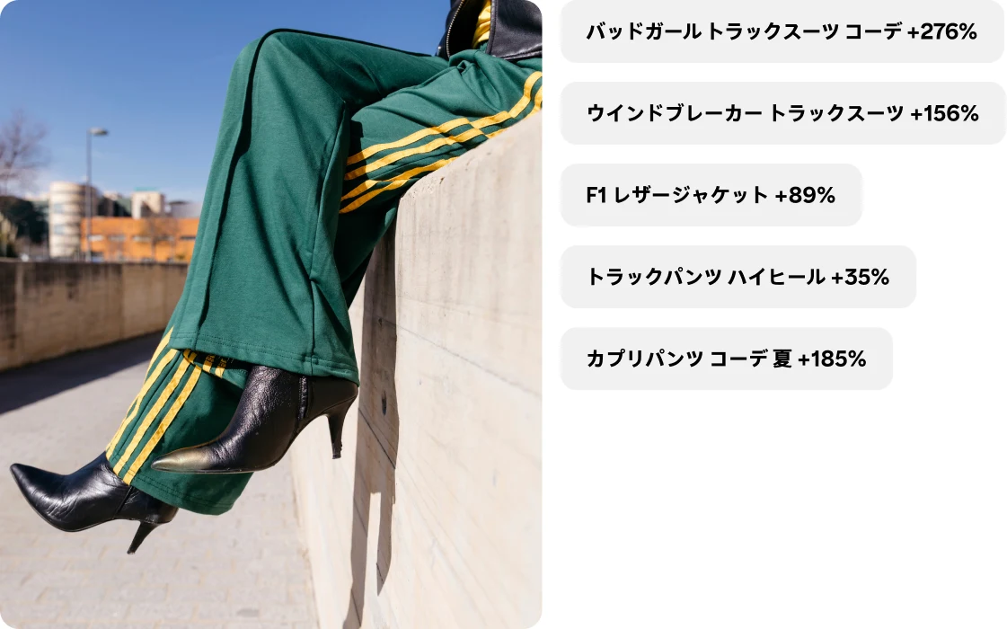 側面に黄色のストライプが入ったグリーンのトラックパンツと、つま先の尖ったヒールブーツを履いた脚。バッドガール トラックスーツ コーデ +276%; ウインドブレーカー トラックスーツ +156%; F1 レザージャケット +89%; トラックパンツ ハイヒール +35%; カプリパンツ コーデ 夏 +185%