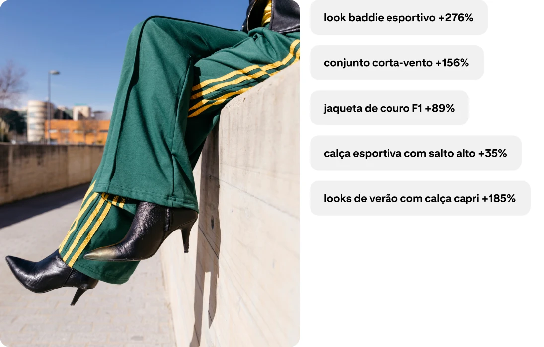Calça esportiva verde com listras amarelas na lateral e botas de bico fino com salto. look baddie esportivo, +276%; conjunto corta-vento, +156%; jaqueta de couro F1, +89%; calça esportiva com salto alto, +35%; looks de verão com calça capri, +185%.