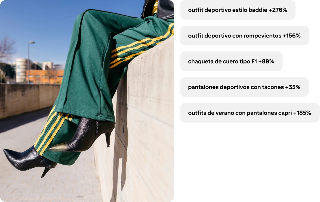 Piernas con pantalones deportivos verdes con franjas amarillas y botas de tacón. outfit tipo baddie +276%; outfit con rompevientos +156%; chaqueta de cuero tipo F1 +89%; pantalones deportivos con tacones +35%; outfits de verano con pantalones capri +185%.