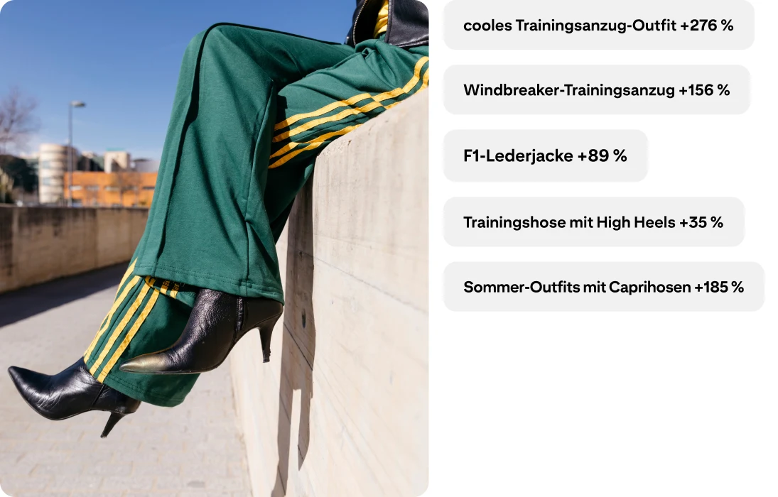 Person, die eine grüne Trainingshose mit gelben Seitenstreifen und spitz zulaufende Stiefeletten mit Absatz trägt. Baddie-Trainingsanzug-Look +276 %; Windbreaker-Trainingsanzug +156 %; F1-Lederjacke +89 %; Trainingshose mit High Heels +35 %