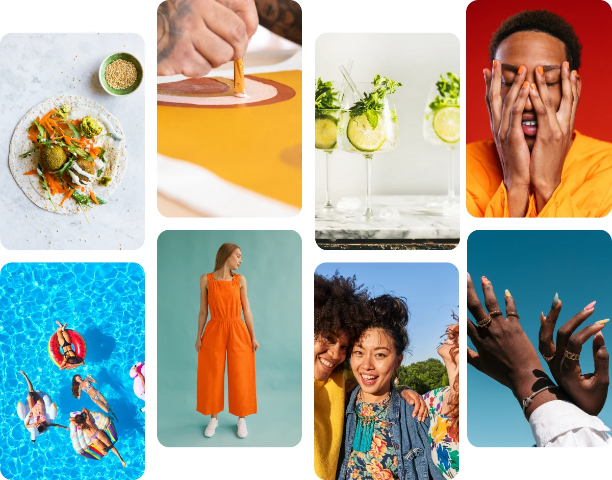 Grid of eight images, including healthy recipes, positive art projects, summer drinks, bright nails ibiza outfits, comfort outfits, digital photo ideas and summer nails.