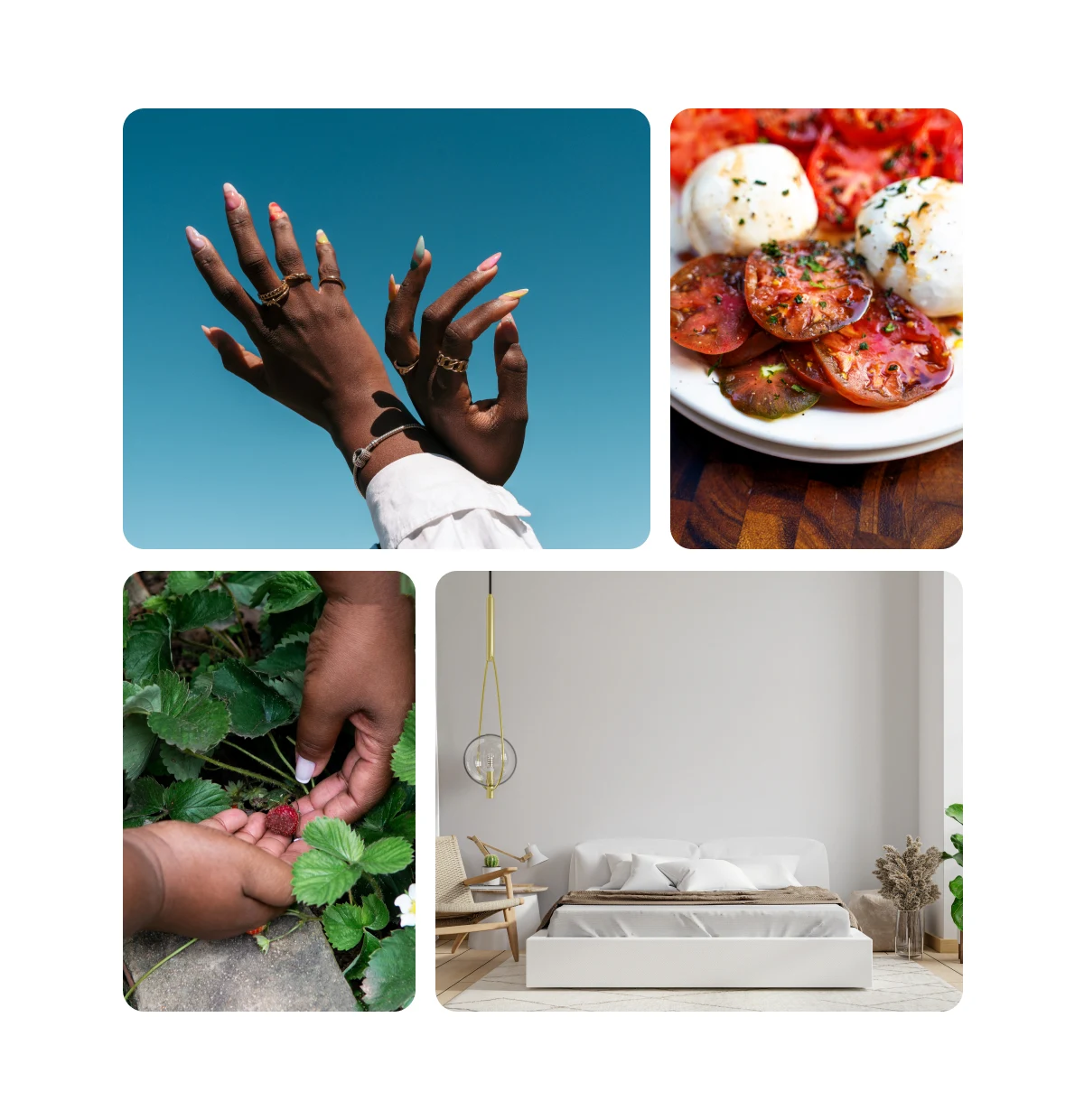 Grid of four images, including summer nails, Mediterranean recipes, vegetable garden ideas, minimal bedroom decor 