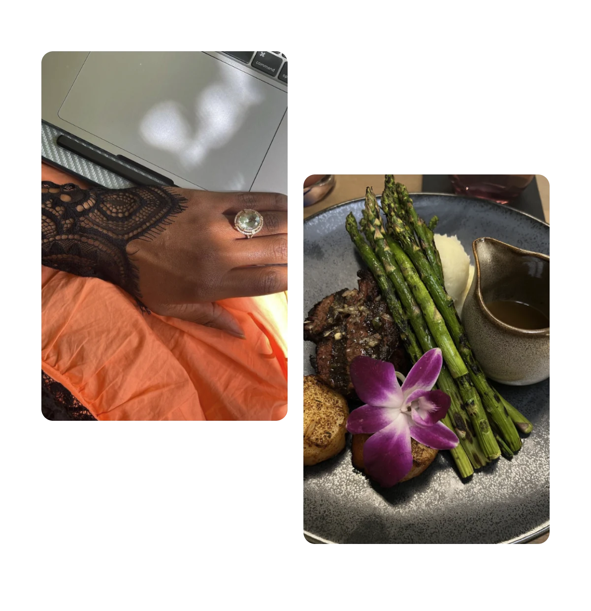 Dois Pins, uma mão com anel grande brilhante, prato de comida enfeitado com aspargos, molho e flores comestíveis