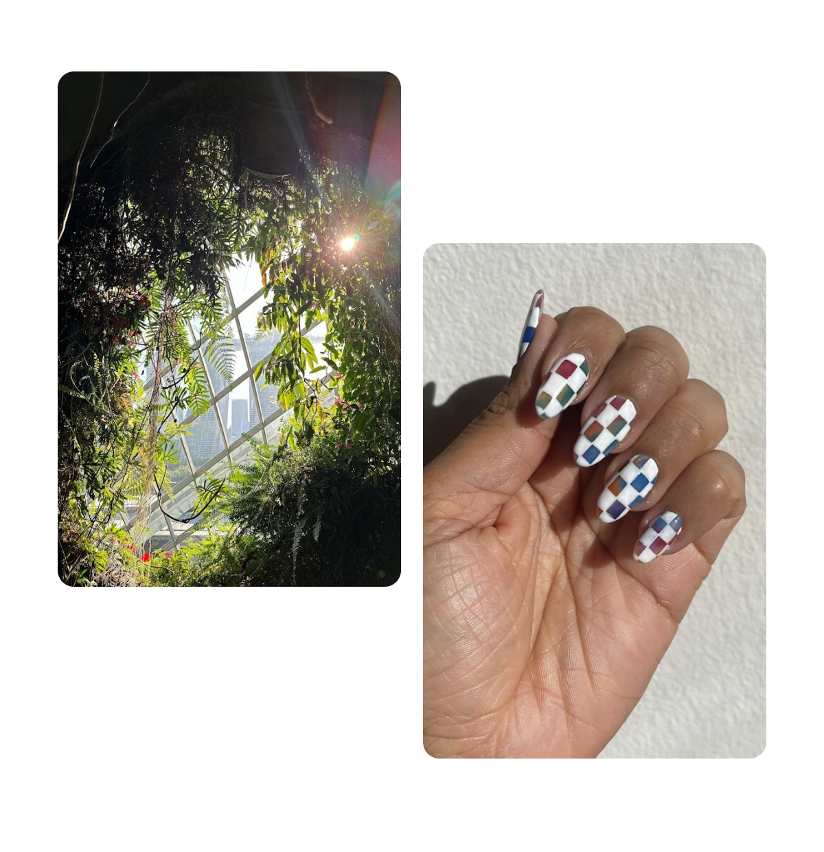 2 pins, lattice with plants surrounding it, checkered manicure
