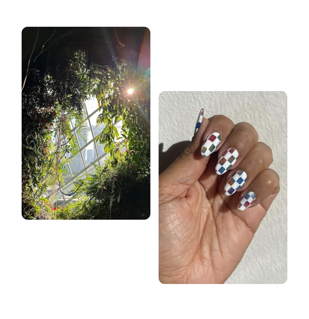 2 pins, lattice with plants surrounding it, checkered manicure
