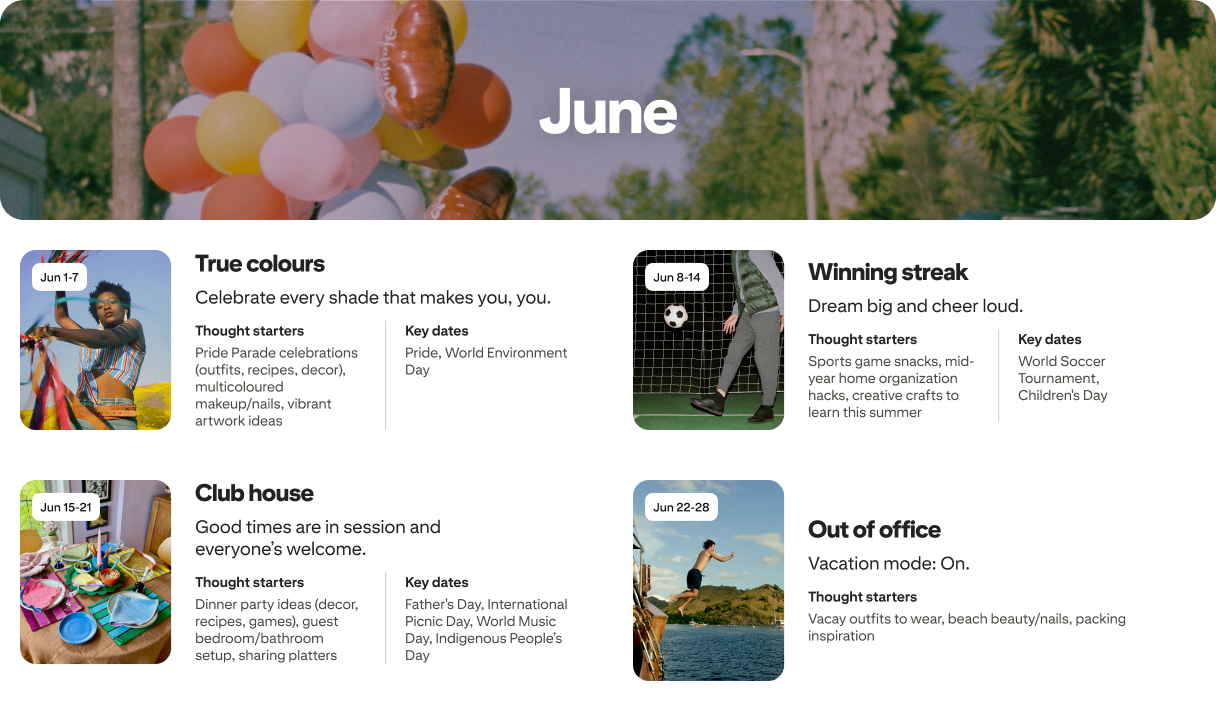 June planner view with four cards: True colors, Winning streak, Club house and Out of office, each dated and paired with photos.
