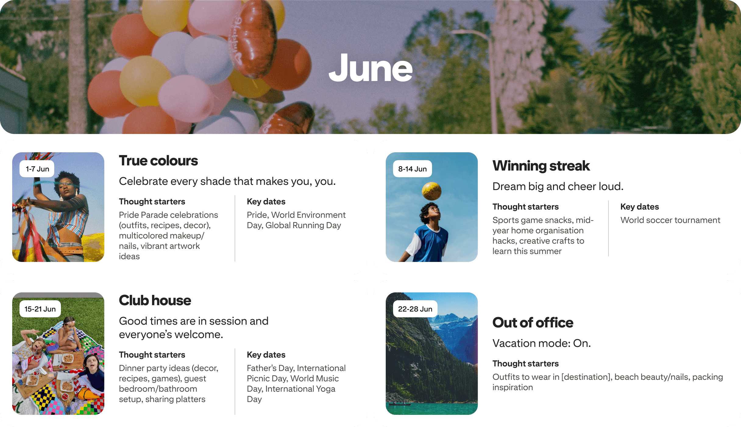 June planner view with four cards: True colors, Winning streak, Club house and Out of office, each dated and paired with photos.
