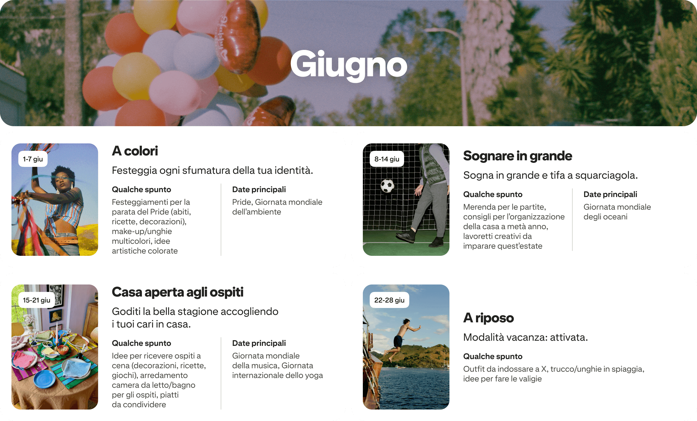 June planner view with four cards: True colors, Winning streak, Club house and Out of office, each dated and paired with photos.