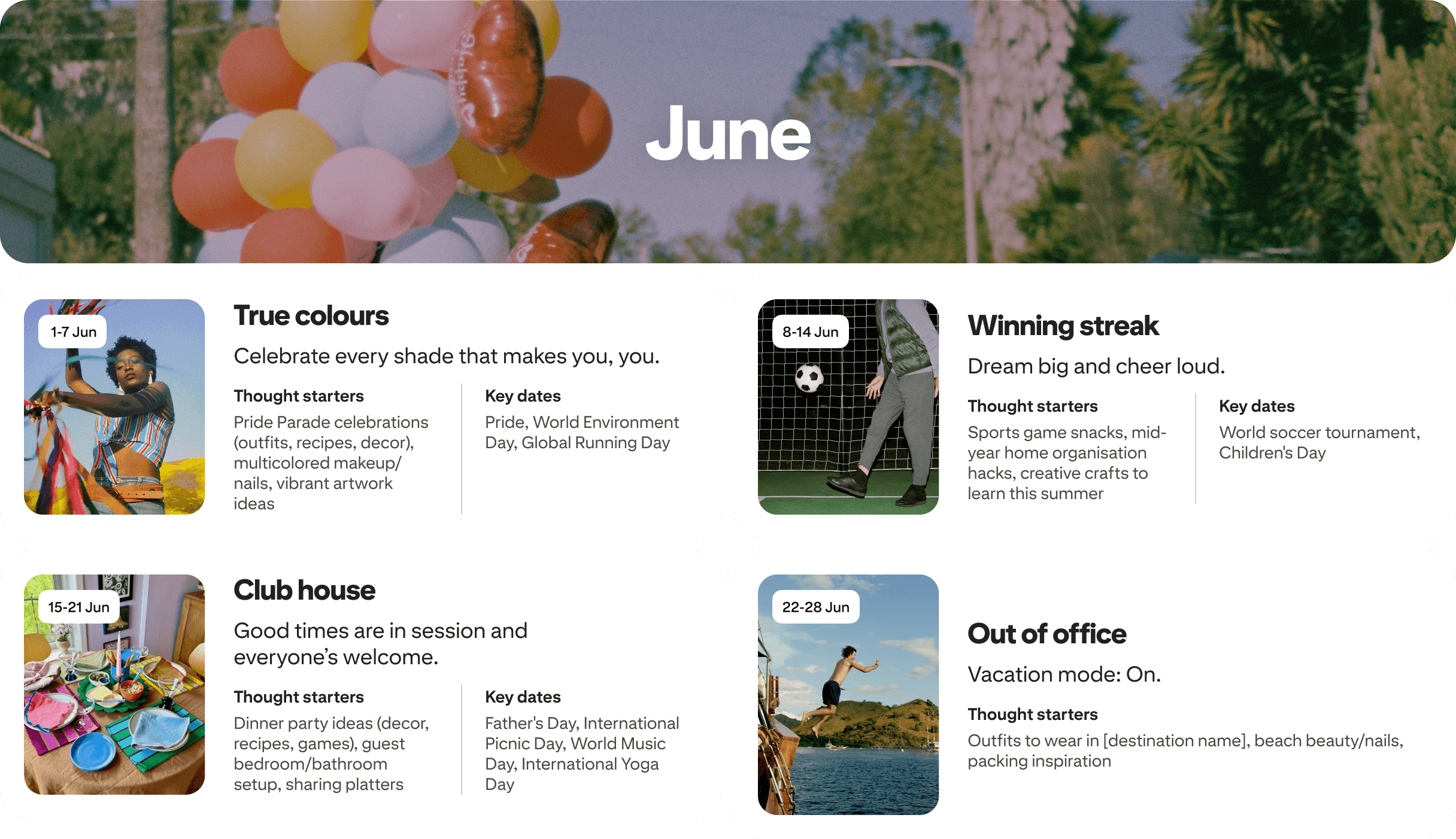 June planner view with four cards: True colors, Winning streak, Club house and Out of office, each dated and paired with photos.