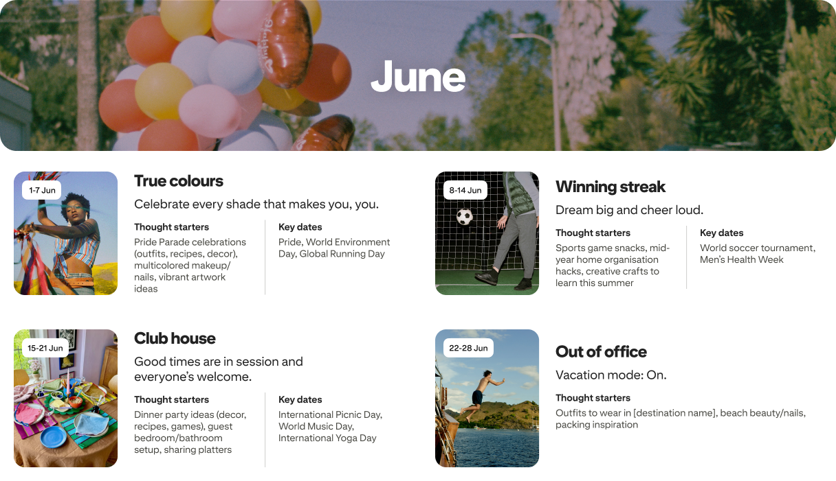 June planner view with four cards: True colors, Winning streak, Club house and Out of office, each dated and paired with photos.